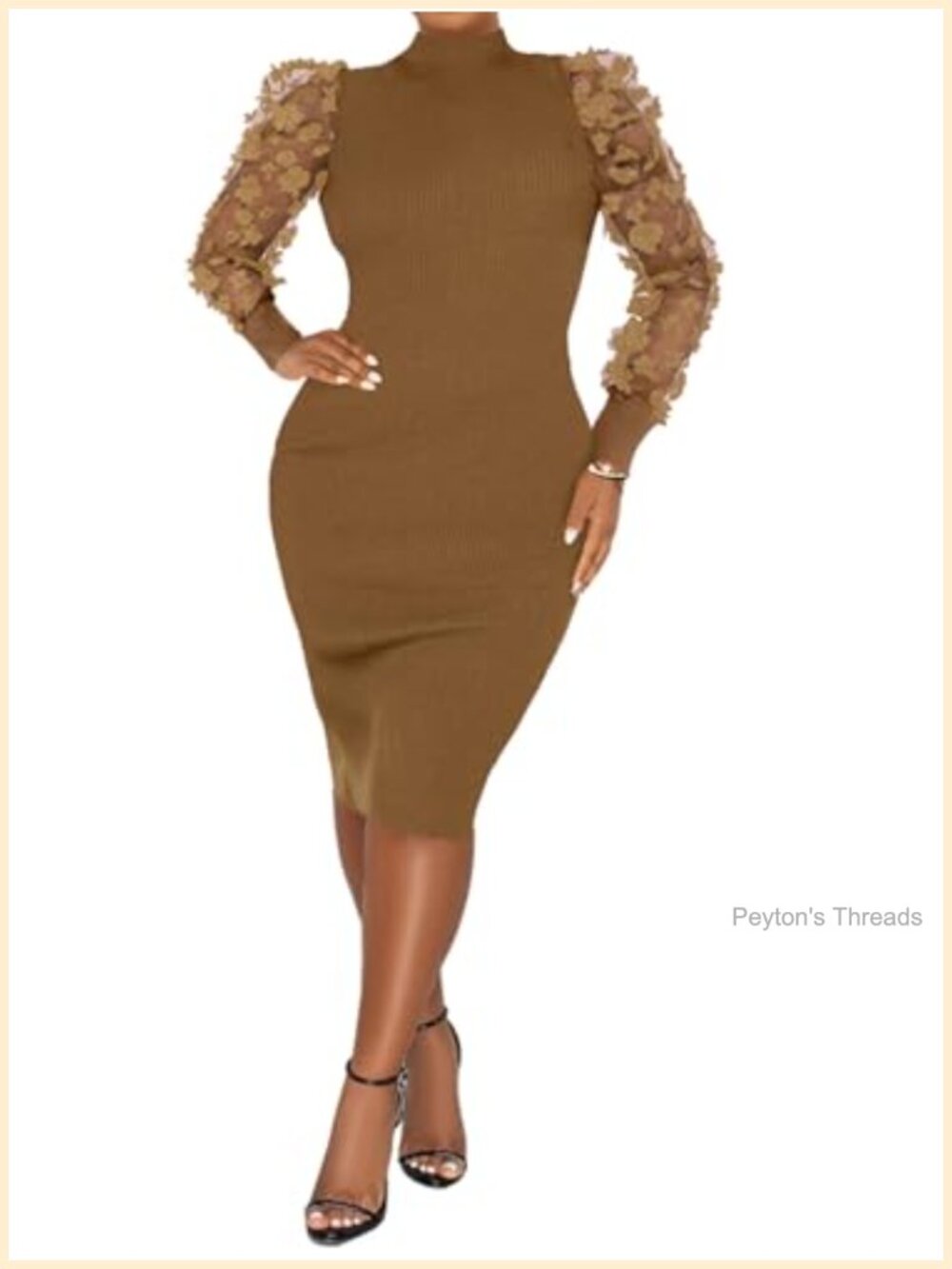 Elegant Mesh Long Sleeve Ribbed Bodycon Midi Dress Party Club